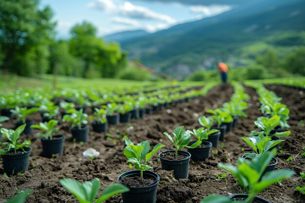 A big plantation in the hills with trees waiting to be planted themes of reforestation green ecology and eco friendly environment for carbon dioxide reduction