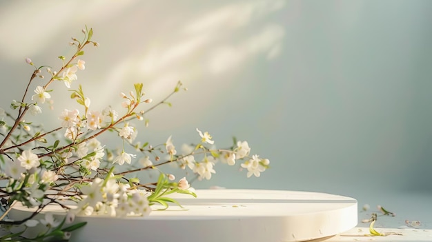 a big platform for holding an object in the style of beauty editorial with spring flowers around the base of the prodium photography soft sunlight