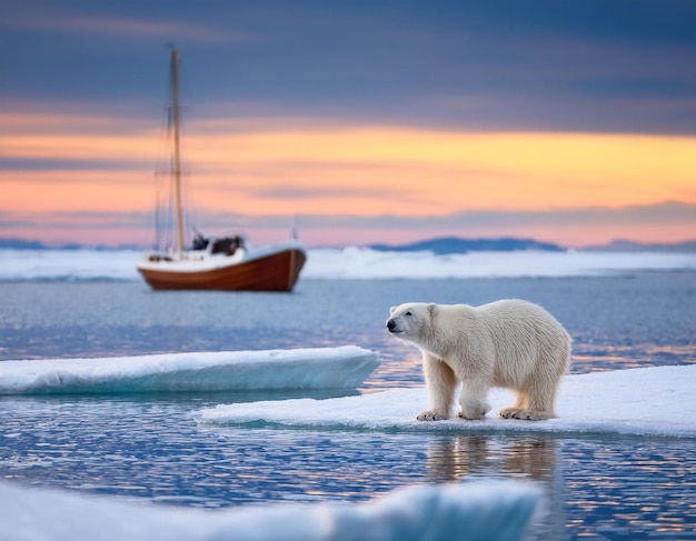 Photo big polar bear on drifting ice edge with snow and water