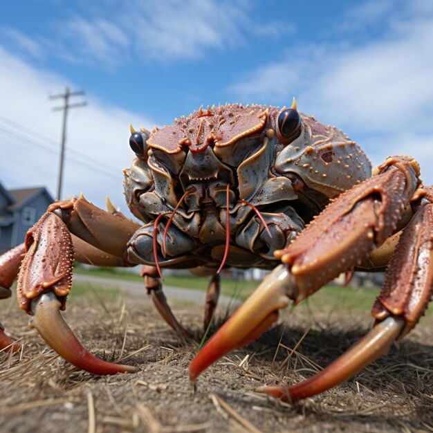 Photo big red crab on the ground closeup blue sky background