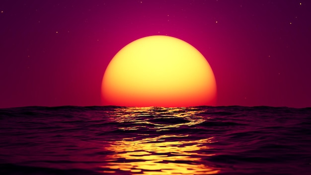 Big red hot sun in the reflection of the sea over the horizon 3D rendering illustration