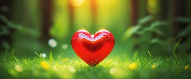 Big red shiny heart in green grass with bokeh effect background Valentine's day illustration Generative AI