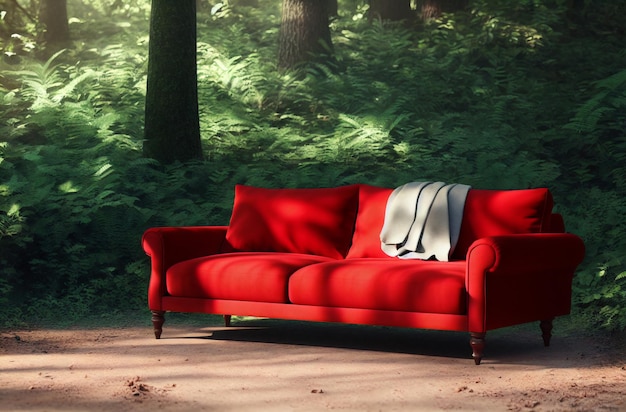 Big red sofa in clearing in forest Concept of comfort silence tranquility in nature Generative AI