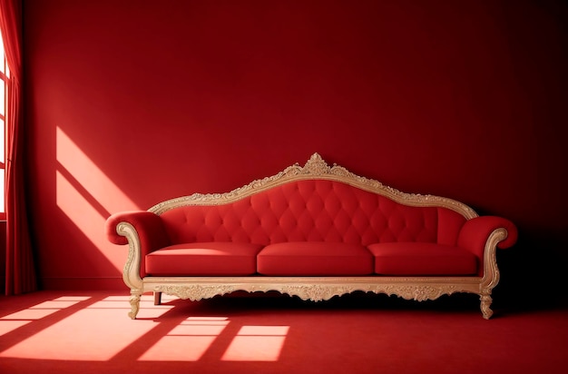 Big red sofa in red room Bright interior in apartment Generative AI