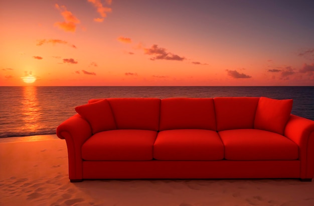 Big red sofa on shore of ocean sea at sunset Comfortable couch on sandy beach Generative AI