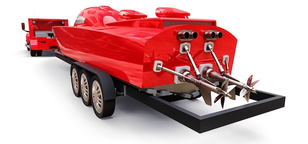 Big red truck with a trailer for transporting a racing boat on a white background. 3d rendering.