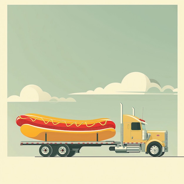 Big rig truck hauls giant hot dog trailer on highway Minimalistic illustration mid20th century