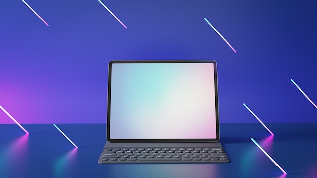 Big screen tablet with keyboard blank screen placed on blue background and light line effect. 3D Illustration image.