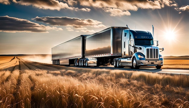 Photo big semi truck trailer driving over field with wind trubines landscape