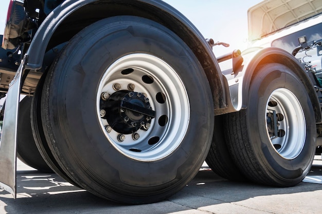 Big Semi Truck Wheels Tires. Rubber, Vechicle Tyres. Freight Trucks Transport Logistics.