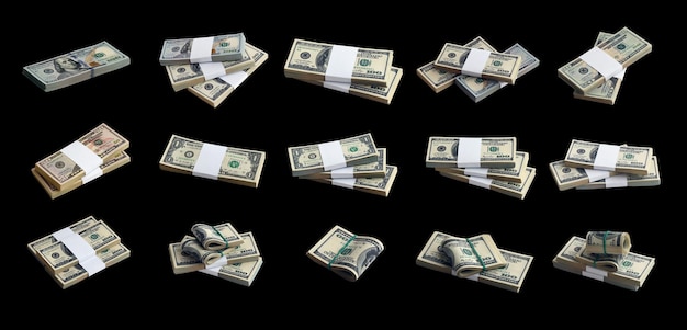 Big set of bundles of US dollar bills isolated on black. Collage with many packs of american money with high resolution on perfect black background color