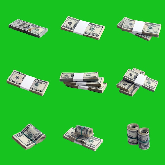 Big set of bundles of US dollar bills isolated on chroma key green Collage with many packs of american money with high resolution on perfect green background