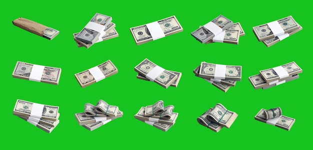 Big set of bundles of US dollar bills isolated on chroma key green Collage with many packs of american money with high resolution on perfect green background