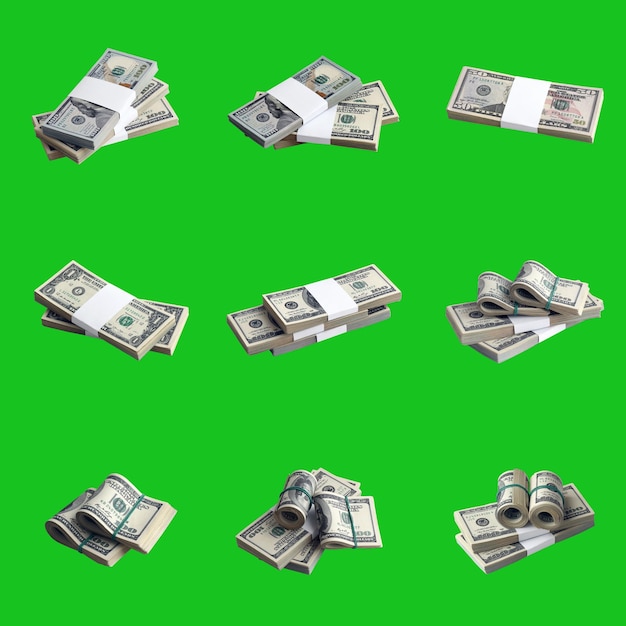 Big set of bundles of US dollar bills isolated on chroma key green Collage with many packs of american money with high resolution on perfect green background