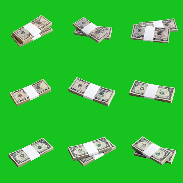 Big set of bundles of US dollar bills isolated on chroma key green Collage with many packs of american money with high resolution on perfect green background