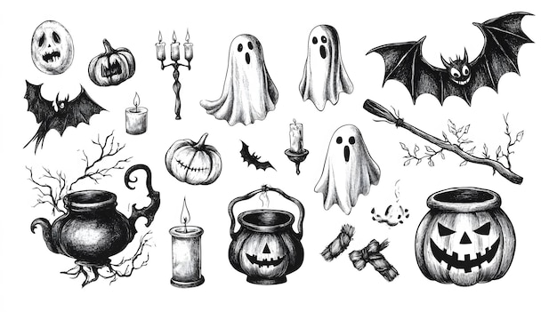 big set of halloween hand drawn charcoal elements ghosts pumpkin cauldron candles and other