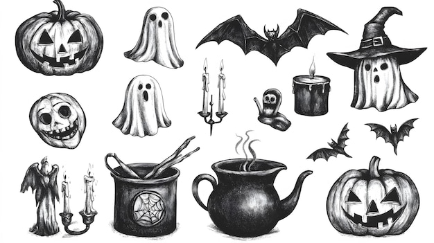 big set of halloween hand drawn charcoal elements ghosts pumpkin cauldron candles and other