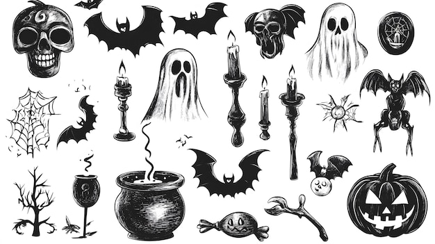 Photo big set of halloween hand drawn charcoal elements ghosts pumpkin cauldron candles and other