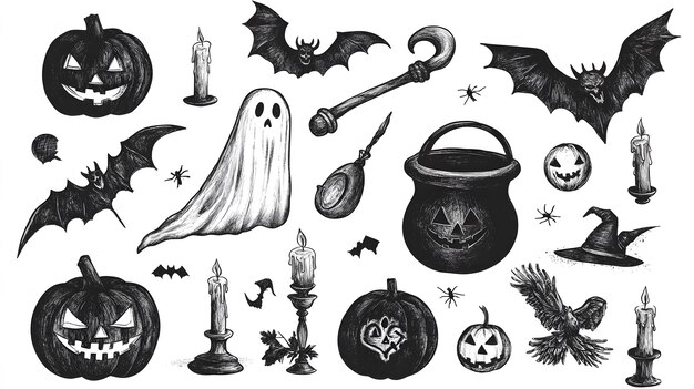 Photo big set of halloween hand drawn charcoal elements ghosts pumpkin cauldron candles and other