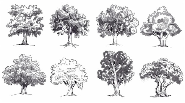 Big set of hand drawn tree sketches