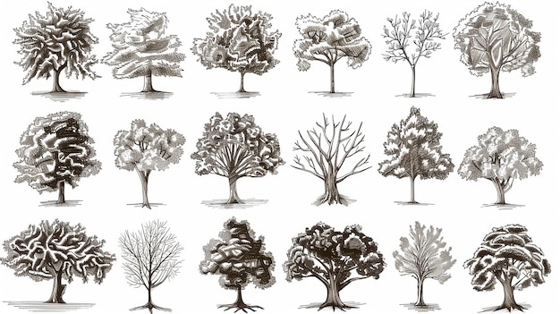 Photo big set of hand drawn tree sketches