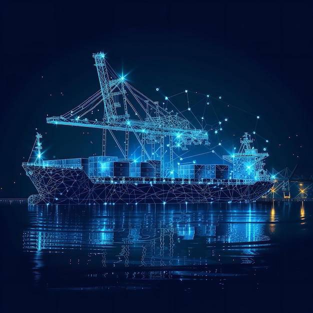 A big ship in low wire frame polygon line on dark blue abstract background with a empty space Generative AI