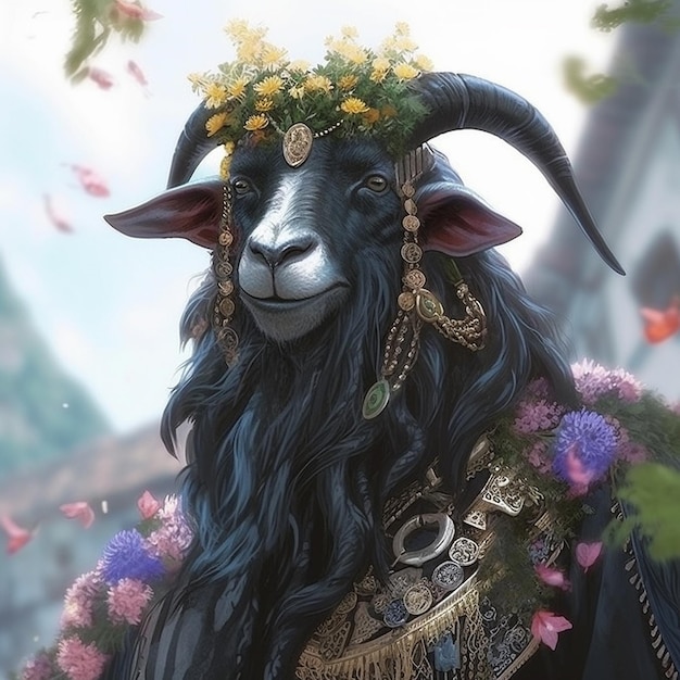 Big Sinhala black goat with long hair and long beard Generative AI