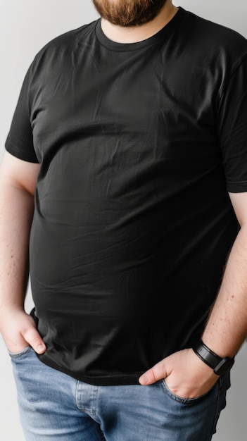 Big size fat adult man model in Blank black T Shirt for design mockup