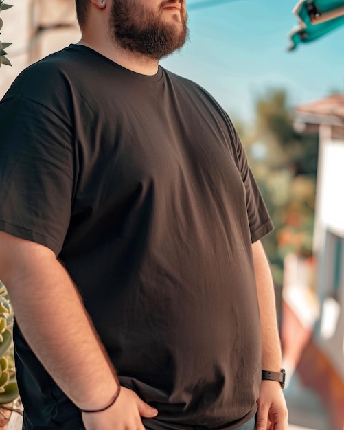 Big size fat adult man model in Blank black T Shirt for design mockup