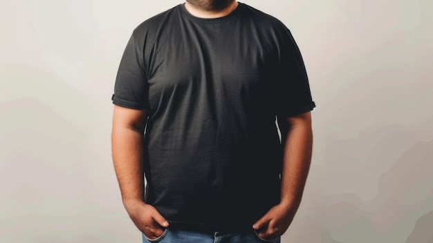 Big size fat adult man model in Blank black T Shirt for design mockup