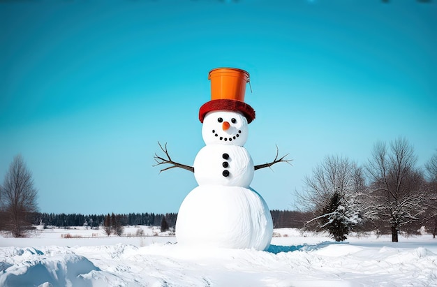 Big snowman on a snowy meadow sunny winter day