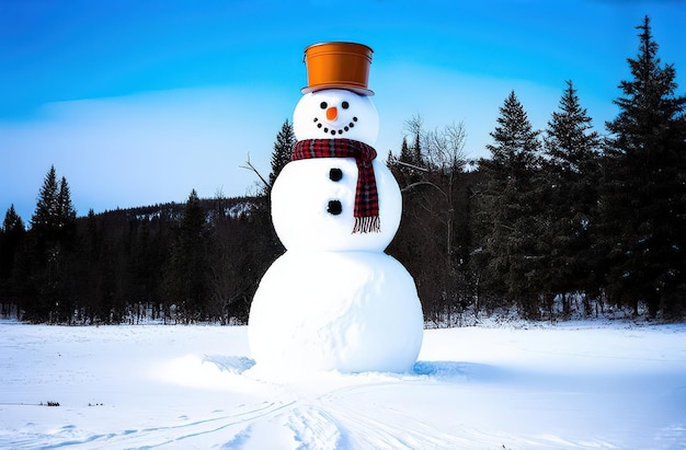 Big snowman on a snowy meadow sunny winter day