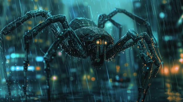 Big spider robot walking horror on cyberpunk city street Background wallpaper AI generated image