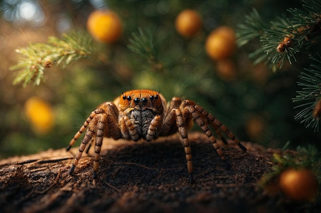 Big spider on a web focusing on a spider in the pine ai generative