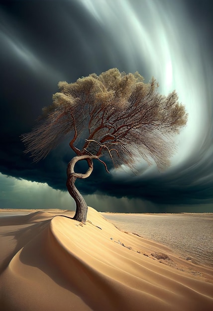 Big storm blowing big tree in arid desert on drought weather Created with Generative AI technology