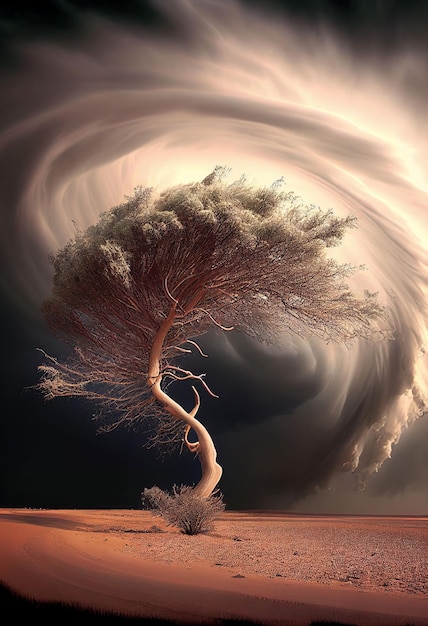 Big storm blowing big tree in arid desert on drought weather Created with Generative AI technology