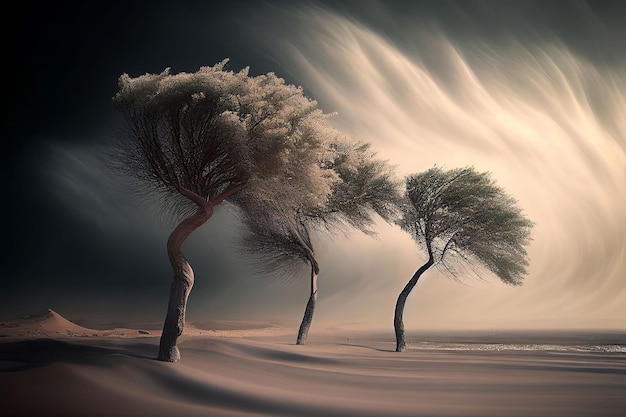 Big storm blowing big tree in arid desert on drought weather Created with Generative AI technology