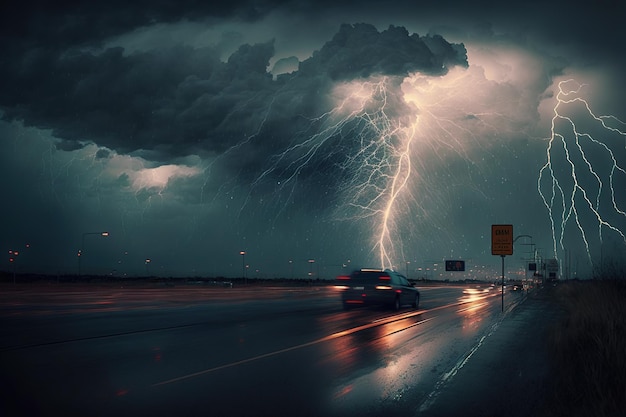 Big stormy cloud with lightning over rural landscape. 3d rendering