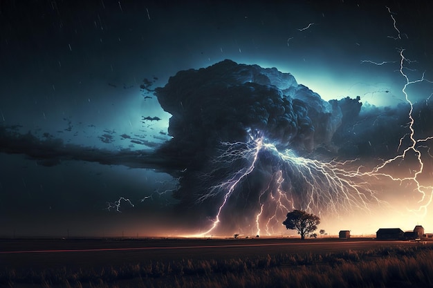 Big stormy cloud with lightning over rural landscape. 3d rendering