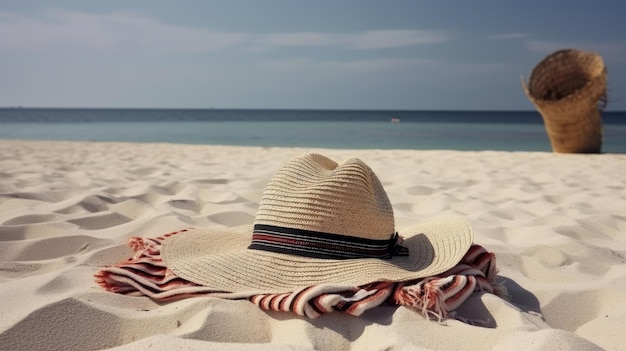 Big summer hat on beach Illustration AI GenerativexA