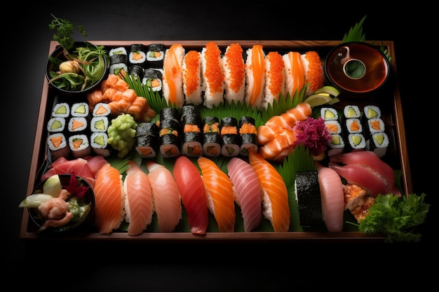 Big sushi set made of fresh vegetables and seafood