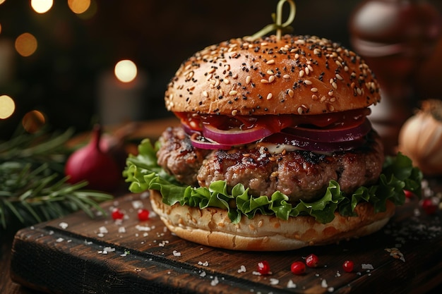 Big and tasty burger with lettuce leaves