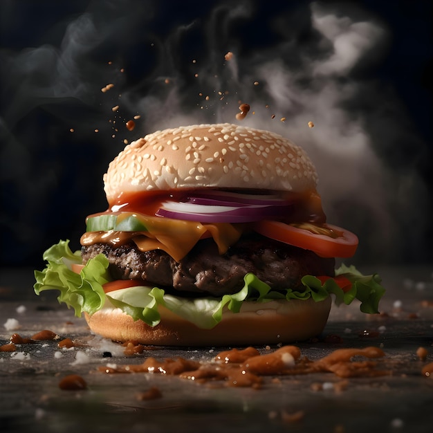 Big tasty cheeseburger on a dark background with a lot of smoke