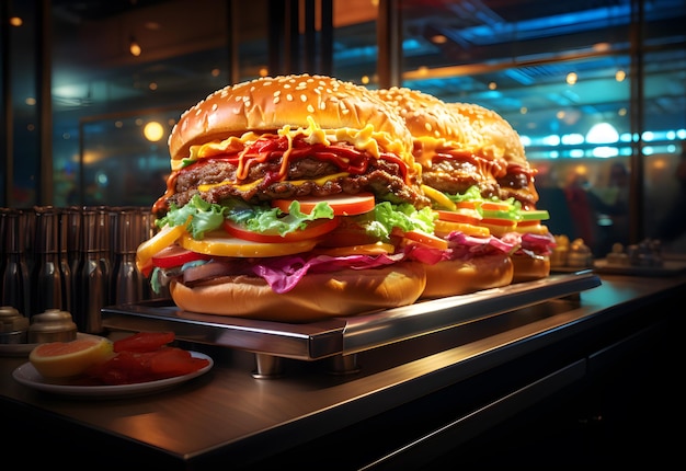 Big tasty cheeseburger with beef patty lettuce tomato onion and mayonnaise on wooden table