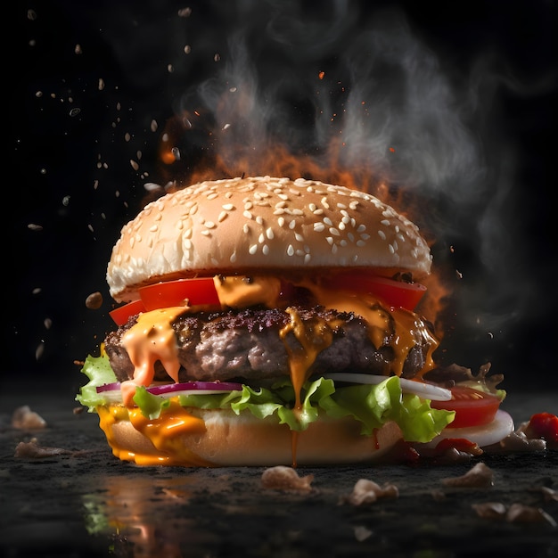 Big tasty cheeseburger with meat and vegetables on a dark background