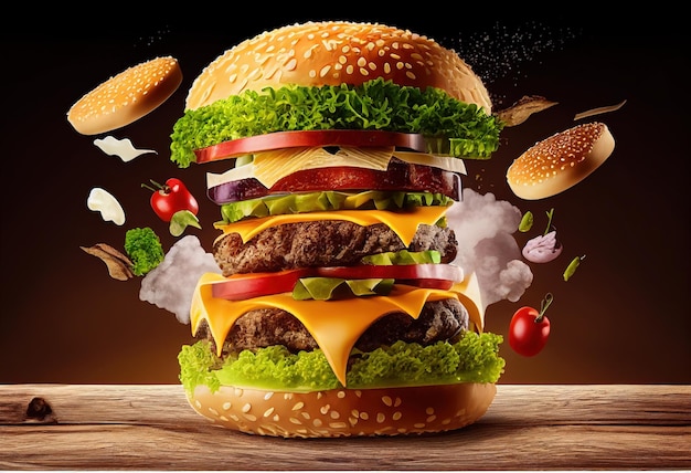 A big tasty hamburger with flying ingredients on a wooden table