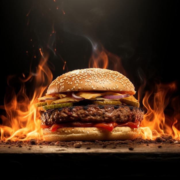 Big tasty hamburger with fresh vegetables on wooden board on fire background