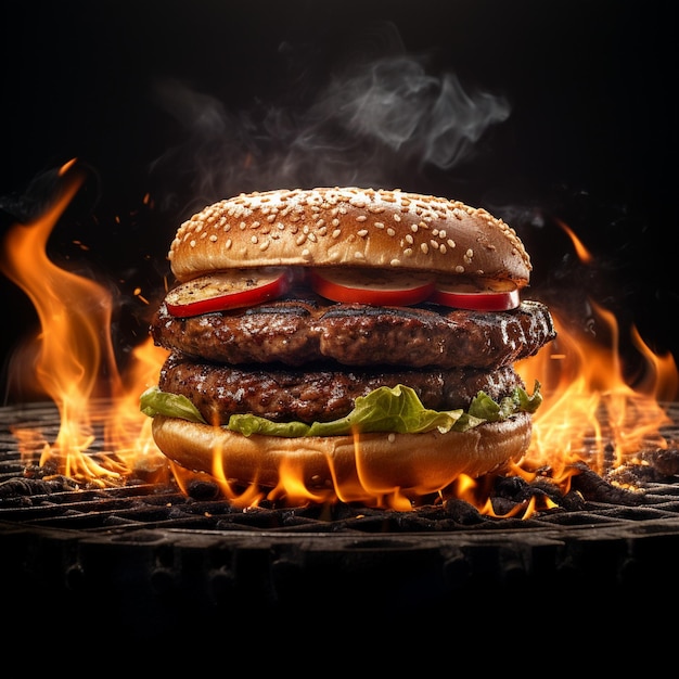 Big tasty hamburger with fresh vegetables on wooden board on fire background