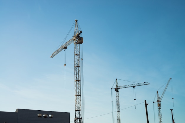 Big tower cranes above buildings under construction against blue sky.