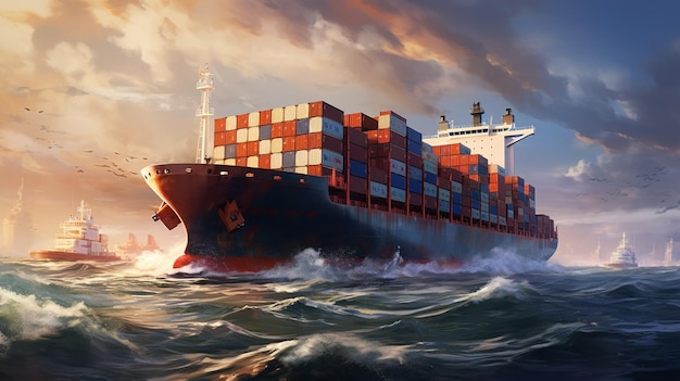 Big transport ship with containers with goods on the open sea